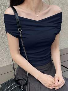 DAZY Women's Solid Color Off-The-Shoulder Short Sleeve T-Shirt, Spring/Summer,Off Shoulder Top - Navy Blue - View 7