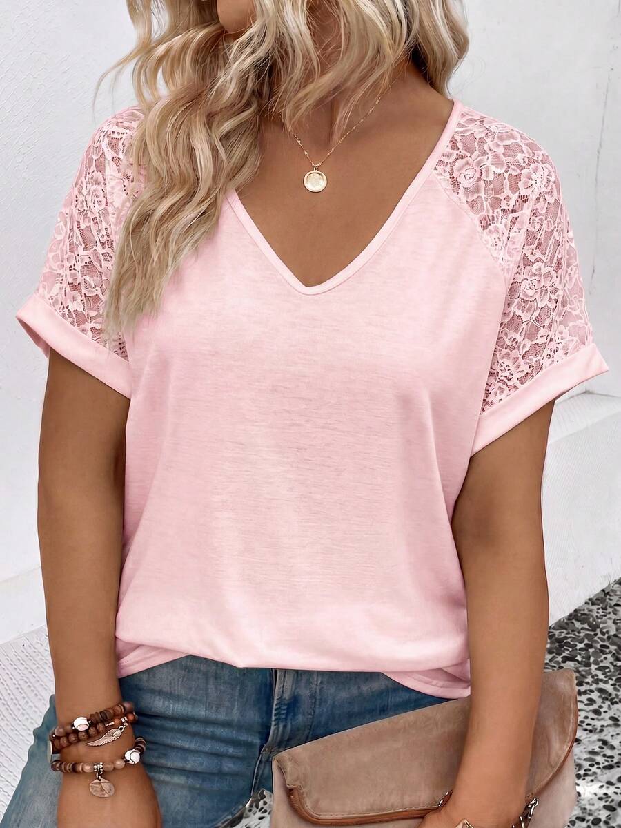 EMERY ROSE Women's Spring/Summer New Hot-Selling Lace Patchwork Design Casual Versatile Plus Size T-Shirt - Pink - View 1