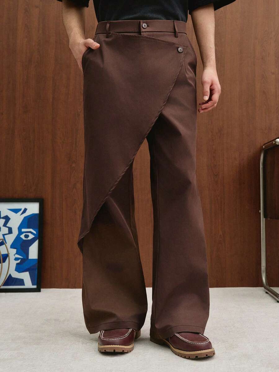 TOKVUE Pantalones largos casuales de unicolor con diseño asimétrico y bolsillos laterales para hombre - Café integral - Ver 1