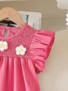 SHEIN Vintaside Kids 年轻女孩优雅甜美可爱贴花圆领短袖荷叶边下摆宽松休闲时尚连衣裙，适合度假旅行夏季穿着。 - 西瓜粉 - 查看 8