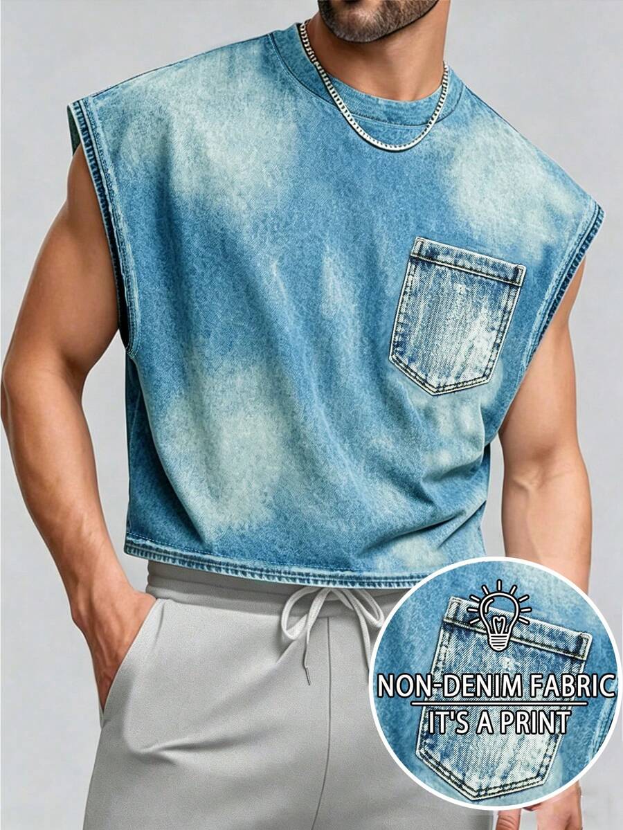 Manfinity Dauomo Summer Casual Sleeveless Top, Men's Breathable Tank Top, Denim Print Pattern Design, Stylish, Suitable For Daily Wear, Outdoor, Sports - Multicolor - View 1