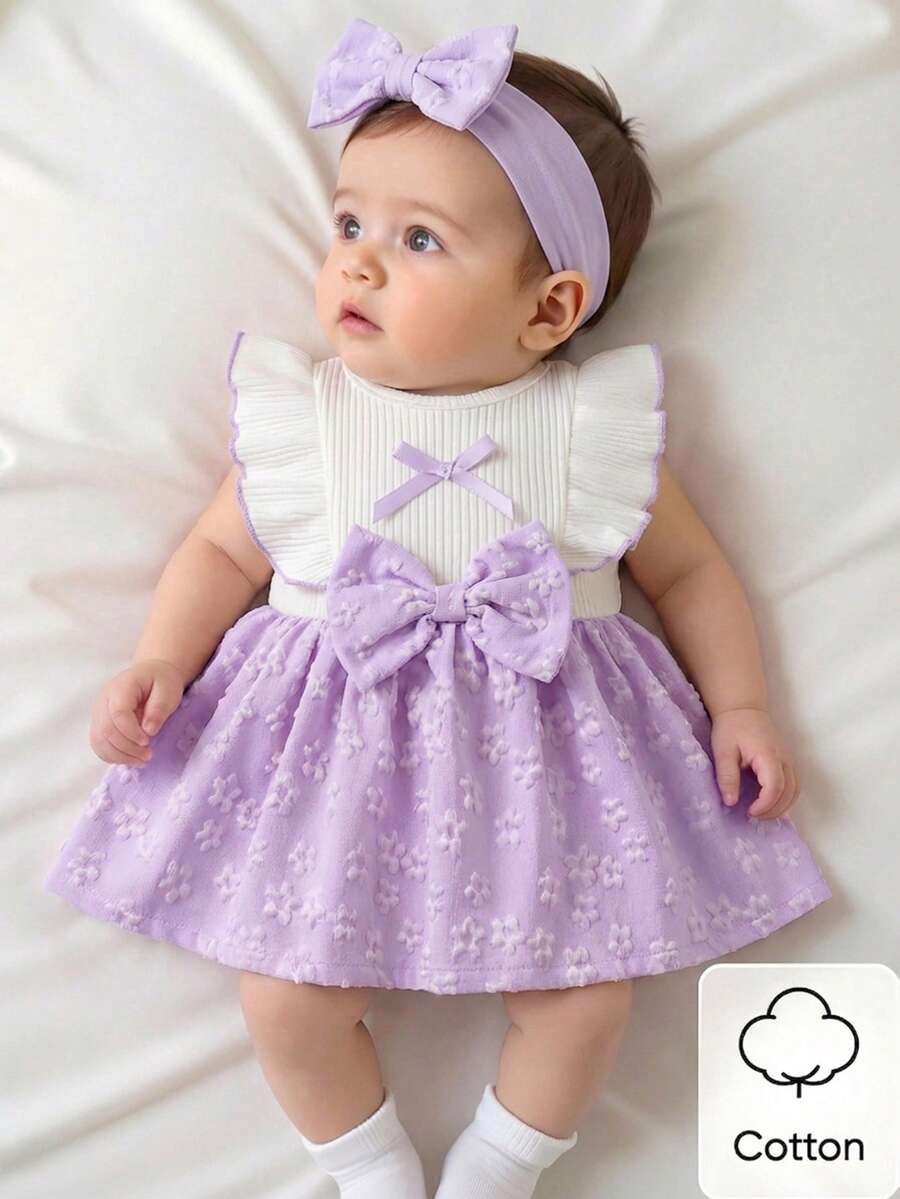 SHEIN Newborn Baby Girl Pink Lace Bibless Bow Dress - Purple - View 1