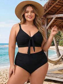 SHEIN CURVE+ 大尺碼女款 2 件組黑色扭結 V 領高腰坦基尼泳衣 海灘度假風 - 黑色 - 查看 4