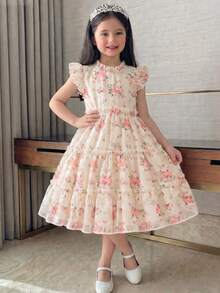 Elladie kids 2025春夏玫瑰印花無袖荷葉邊洋裝，女童公主風，可愛甜美，後背拉鍊，適合日常穿著與通勤 - 杏色 - 查看 1