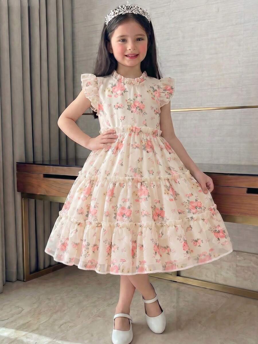 Elladie kids 2025春夏玫瑰印花無袖荷葉邊洋裝,女童公主風,可愛甜美,後背拉鍊,適合日常穿著與通勤 - 杏色 - 查看 1