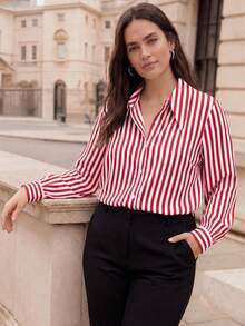 EMERY ROSE Camisa de manga larga con cuello y rayas para mujer de talla grande - Rosa Fucsia - Ver 3