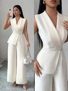 Elenzga petite Women's Apricot Solid Color Fabric V-Neck Lapel Collar Cinched Waist Panel Design High-End Elegant Professional Workwear High-Presence Meeting Outfit Teacher Style Collegiate Campus Style Valentine's Day Carnival Labor Day Easter Travel Vacation Street Style Spring Jumpsuit Summer Jumpsuit Spring/Summer New Essential Versatile Short Jumpsuit - Apricot - View 4