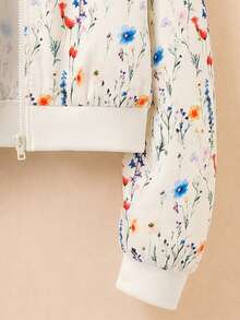 Tween Girl Floral Print Long Sleeve Zipper Front Baseball Jacket - Apricot - View 7