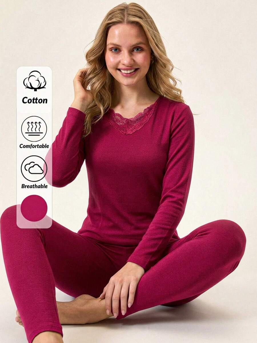 SHEIN Cottnline 2pcs Cotton V Neck Lace Detail Homewear Set - Hot Pink - View 1