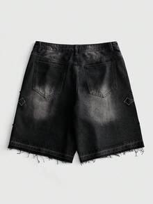 ROMWE MEN Men's Loose Fit Denim Shorts With Cross Embroidery Pattern - Black - View 3