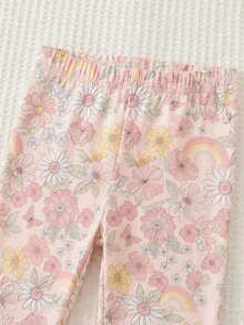 女童小女孩簡約卡通圖案休閒短袖上衣與內搭褲2件套 - 彩色 - 查看 6