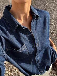 Livesso Turn-Down Collar Large Pocket Loose Women's Denim Jacket And Coat Everyday Navy Blue Autumn Casual Vacation - Blue - View 7