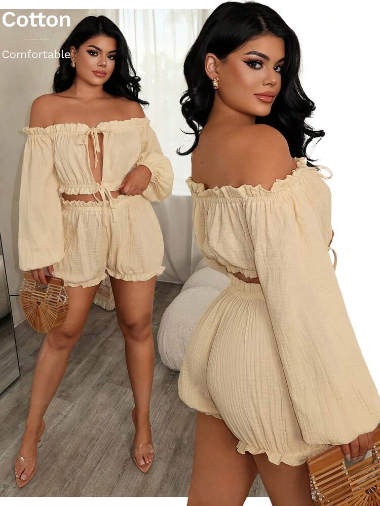 SHEIN SXY 女款素色百褶上衣與短褲休閒日常兩件套 - 卡其色 - 查看 5