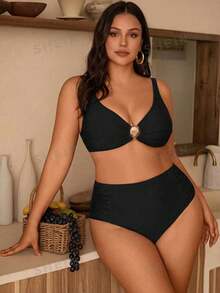 Swim Vcay Plus Size Women's Solid Color Accessory Strap Minimalist Tankini Top With Ruched Triangle Bottoms, Casual Vacation Swimwear Set - Black - View 5