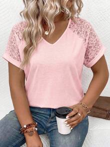 EMERY ROSE Women's Spring/Summer New Hot-Selling Lace Patchwork Design Casual Versatile Plus Size T-Shirt - Pink - View 4