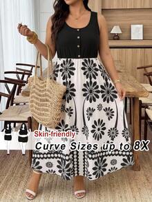 SHEIN CURVE+ 大码女式纯色基础款无袖连衣裙 - 彩色 - 查看 1