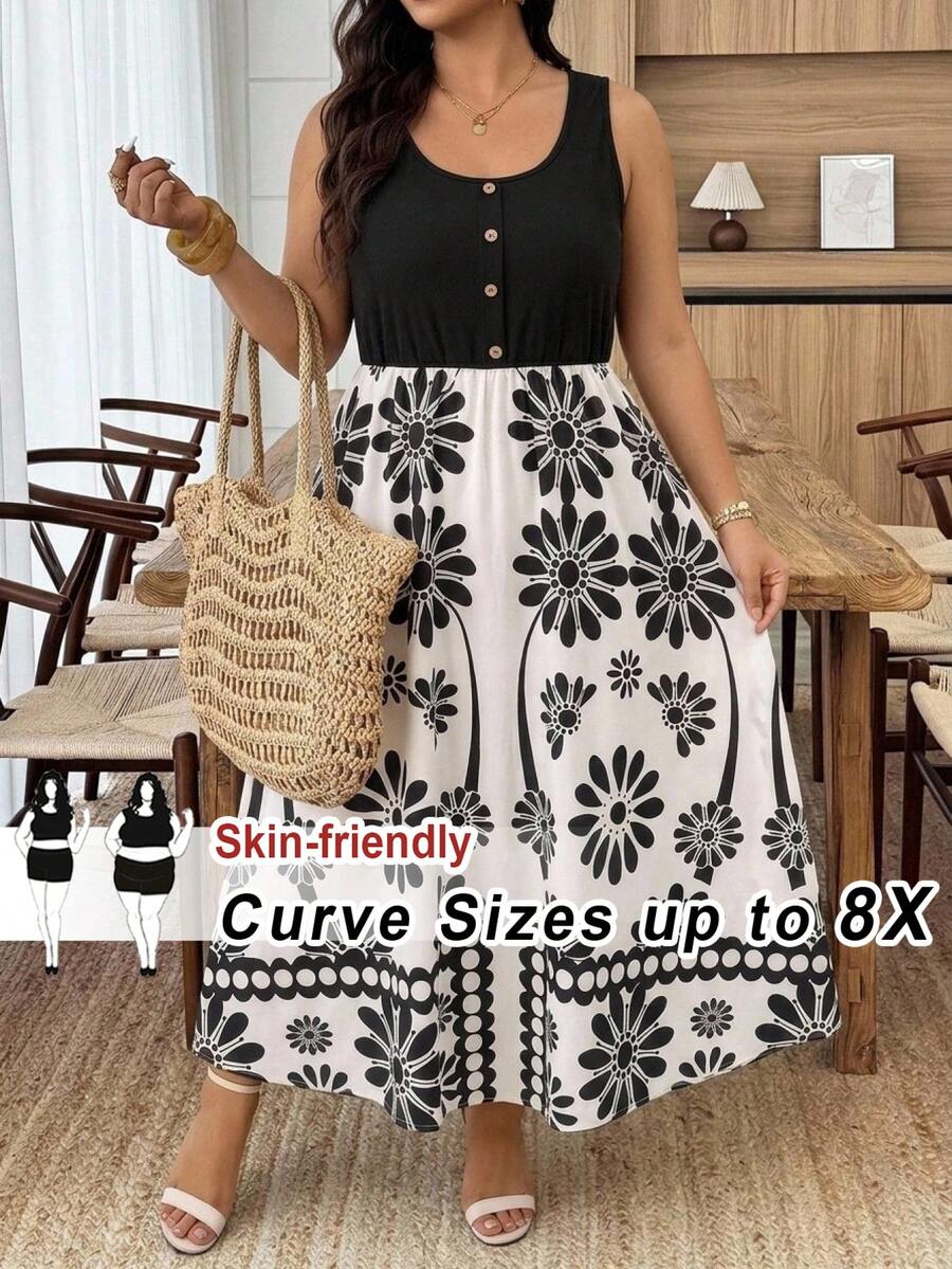SHEIN CURVE+ 大码女式纯色基础款无袖连衣裙 - 彩色 - 查看 1