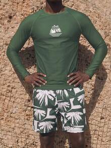 Palasendo 2pcs Men's Palm Tree Print Long Sleeve Top And Slant Pocket Shorts Set - Multicolor - View 1