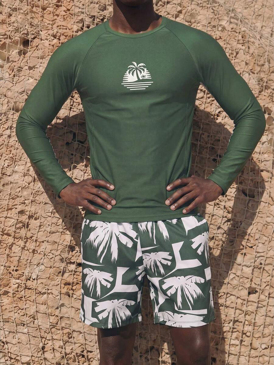 Palasendo 2pcs Men's Palm Tree Print Long Sleeve Top And Slant Pocket Shorts Set - Multicolor - View 1