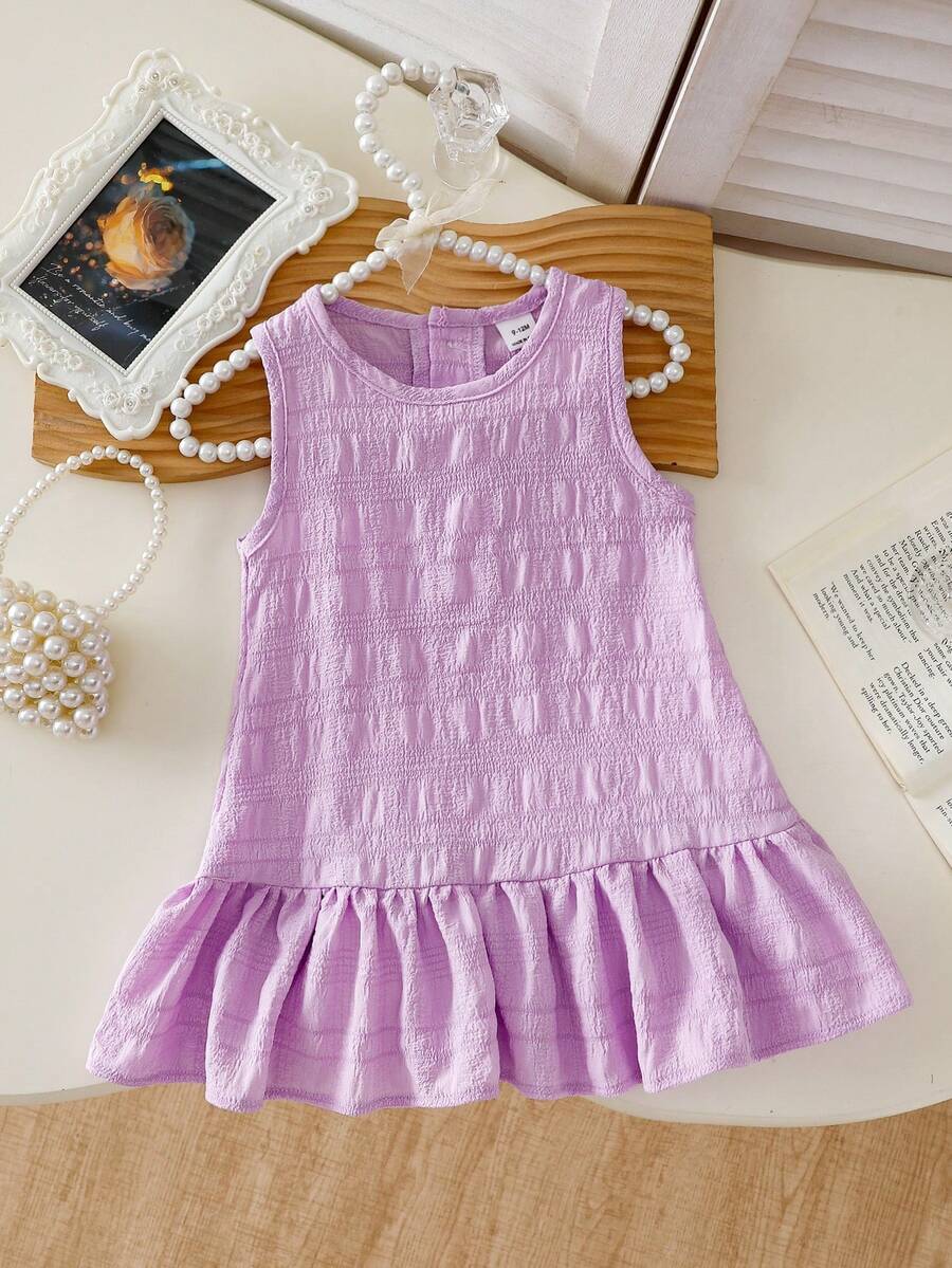 SHEIN Playful Pals 女嬰荷葉邊無袖背心上衣純色洋裝,簡約休閒夏季舒適百搭公主裙,適合外出或疊穿 - 淡紫色 - 查看 1