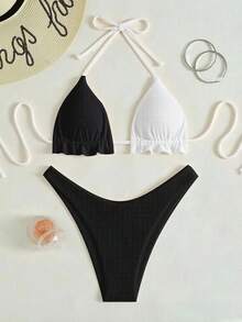 Swim Basics Damen Sommer Strand Farbblock Neckholder Bindung Sexy Mode Bikini Zweiteiler Badeanzug Set, ohne Bügel - Schwarz und Weiss - Übersicht 3