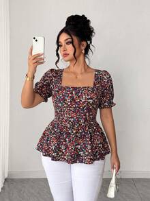 Elenzga Blus Wanita Ukuran Besar Elegan Kasual Serbaguna untuk Liburan, Puff Sleeve Square Neck Musim Semi Musim Panas Terbaru yang Mempertegas Pinggang - MultiWarna - View 4