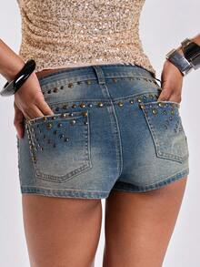 ROMWE Summer Y2K Baddie Music Festival Vintage Studded Distressed Super Low-Rise Denim Mini Shorts For Women - Blue - View 2