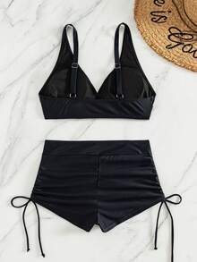 Swim Lushoire Spring/Summer Women's 2-Piece Sexy Bikini Swimsuit Set, Solid Color Double Strap Top With Black Boy Shorts, Beachwear Swimwear - Black - View 2