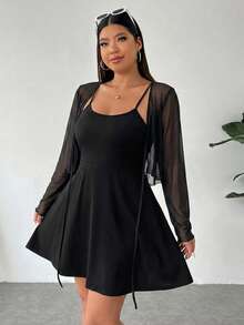 SHEIN EZwear Conjunto de 2 piezas para mujer talla grande con cárdigan de punto de frente abierto & vestido de tirantes finos de unicolor - Negro - Ver 3