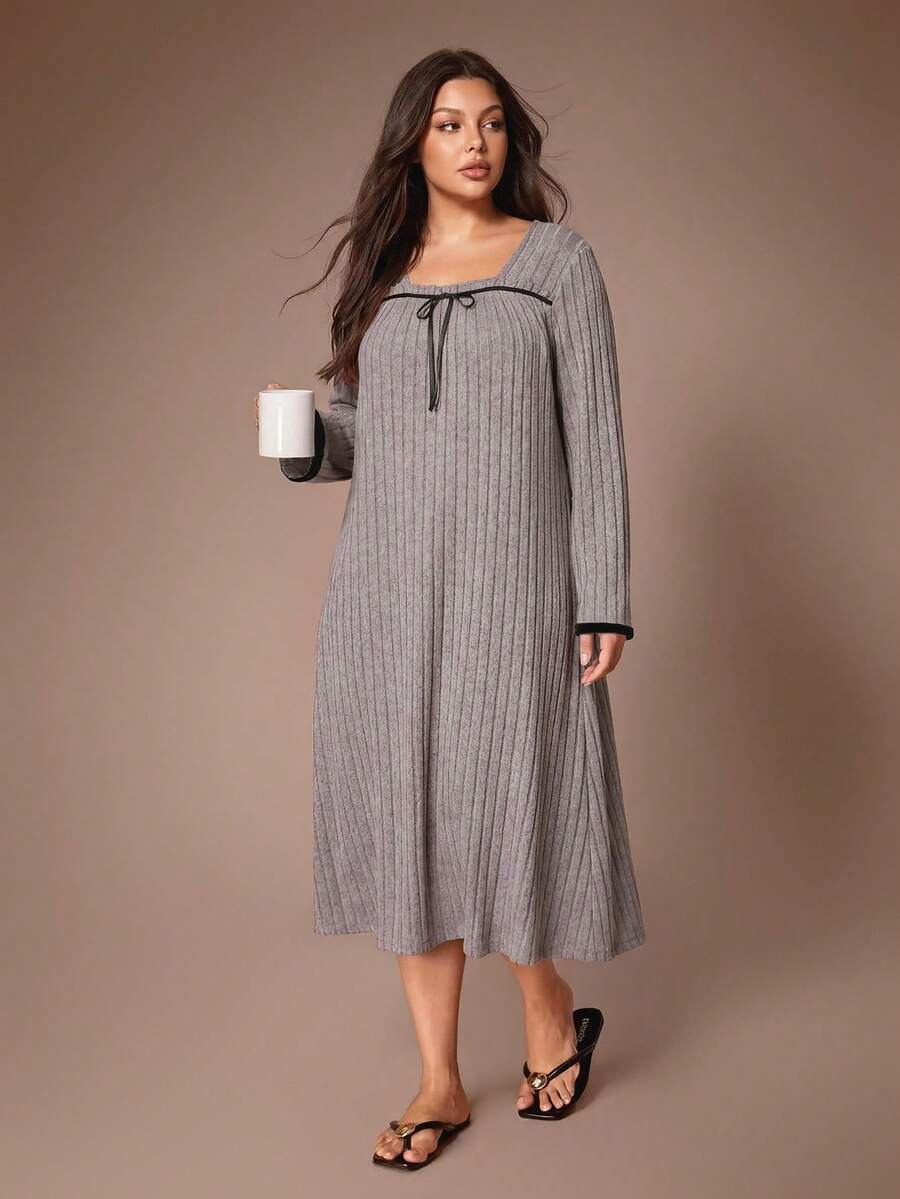 Lazeform Váy ngủ nhung cổ vuông màu trơn tối giản cỡ lớn, thường ngày, dành cho mùa thu và mùa đông - Bụi tím - Xem 1