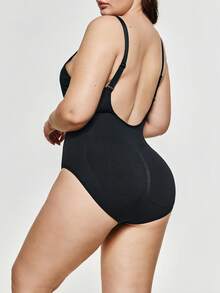 SHEIN Women's Plus Size Shapewear Seamless V-Neck Sexy Low Waist Backless Bodysuit Tummy Control Solid Color Shapewear Summer Hip Lifting Slimming Underwear - Black - View 8