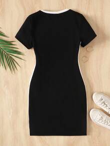 SHEIN 少女蝴蝶结印花黑白撞色修身休闲日常连衣裙 - 黑與白 - 查看 2