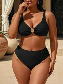 Swim Vcay Plus Size Women's Solid Color Accessory Strap Minimalist Tankini Top With Ruched Triangle Bottoms, Casual Vacation Swimwear Set - Black - View 3