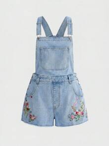 ROMWE Fairycore Mono de mezclilla para mujer talla grande con bordado floral y dobladillo deshilachado - Azul - Ver 1