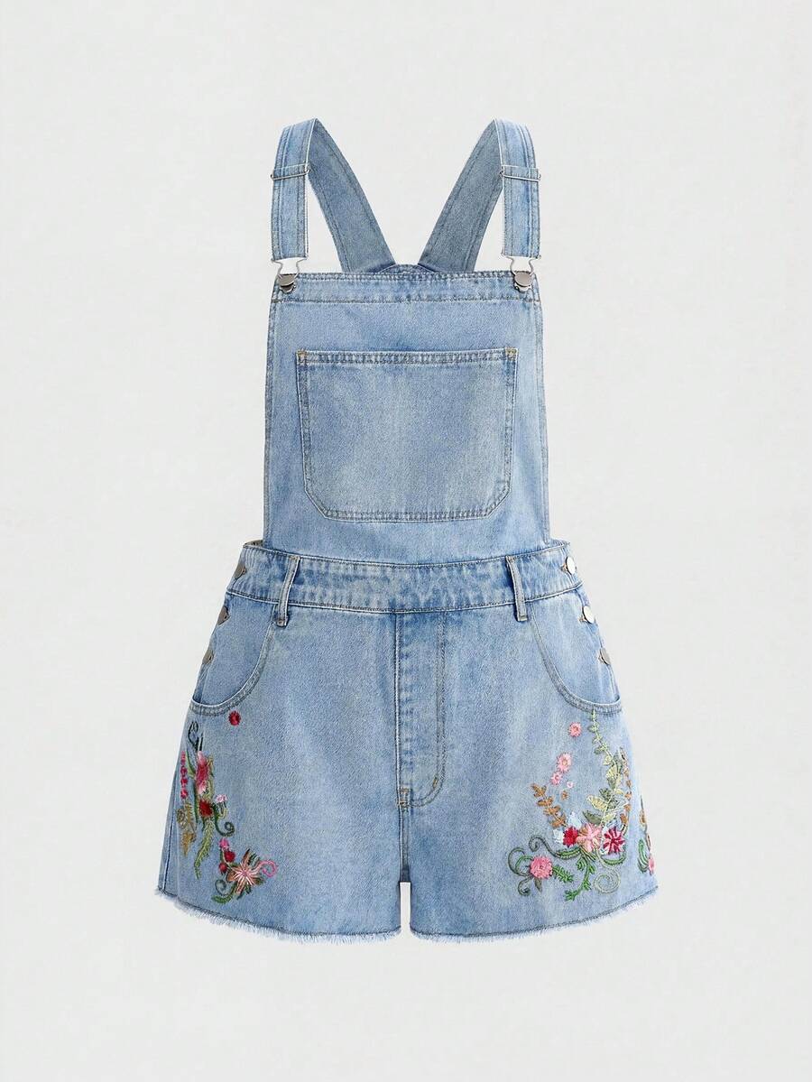 ROMWE Fairycore Mono de mezclilla para mujer talla grande con bordado floral y dobladillo deshilachado - Azul - Ver 1