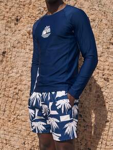 Palasendo 2pcs/Set Men's Coconut Tree Print Long Sleeve Top & Shorts Swimwear Set, Hawaiian, Holiday - Multicolor - View 1