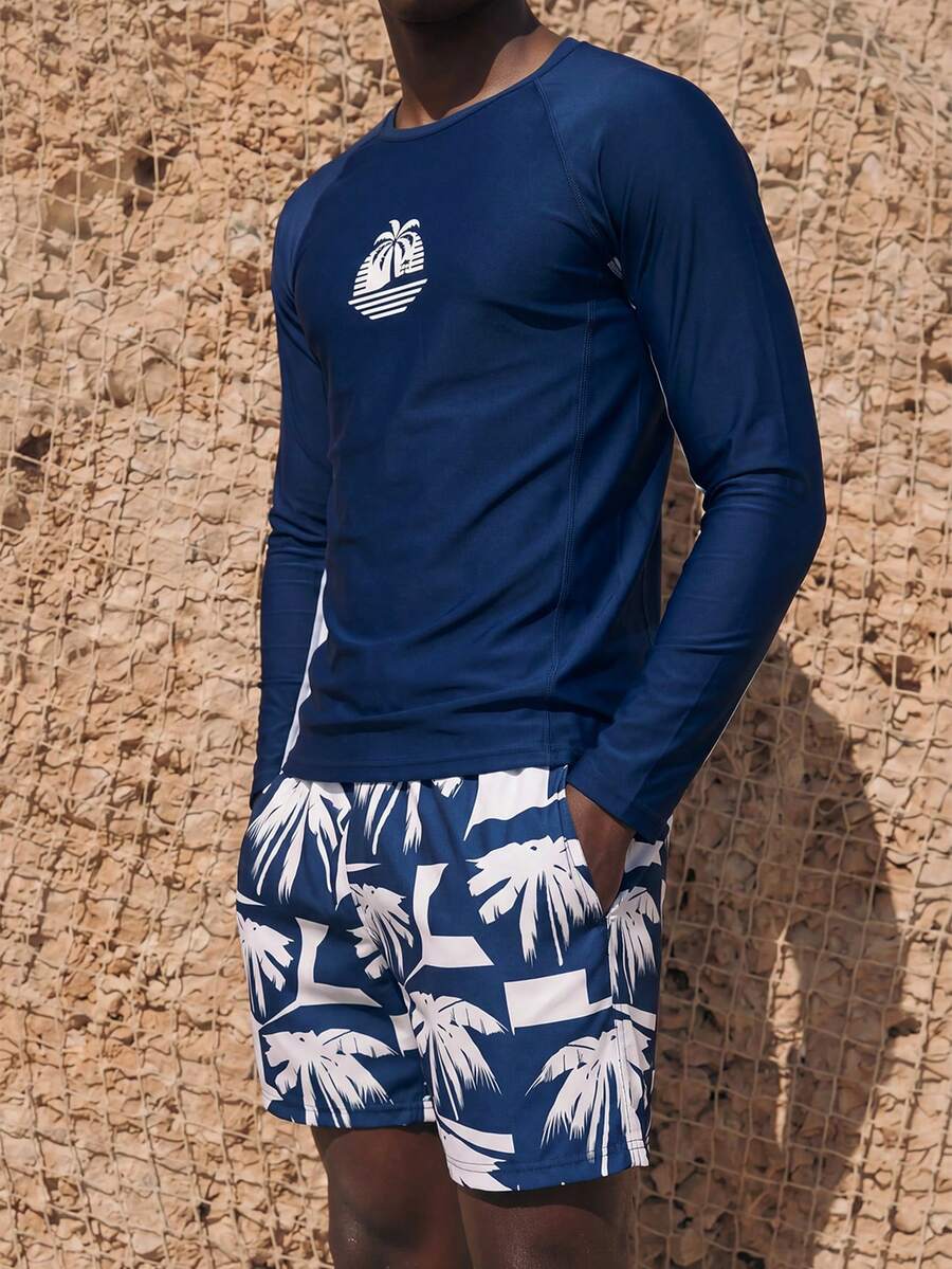 Palasendo 2pcs/Set Men's Coconut Tree Print Long Sleeve Top & Shorts Swimwear Set, Hawaiian, Holiday - Multicolor - View 1