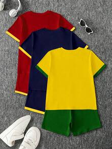 6pcs/Set Young Boys' Casual Colorblock Sports Jersey, Short Sleeve Round Neck T-Shirt And Matching Shorts, Comfortable Sports Outfit For Daily, Holidays, World Cup, New SS26 Fashion Summer Outfits - Multicolor - View 6