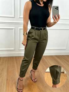 Selianne Women's Elegant Solid Color Pleated Detail Regular Fit Dress Pants, Autumn - Army Green - View 1