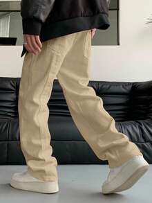 Manfinity Hypemode Pantalones rectos con bolsillos en ángulo para hombres, otoño - Caqui - Ver 2