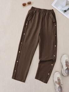 SHEIN PETITE Women's Summer Dark Brown Solid Color Fabric Design Side Seam Button Decoration Pocket Flap Design Casual Vacation Western Bohemian Street Style - Coffee Brown - View 4