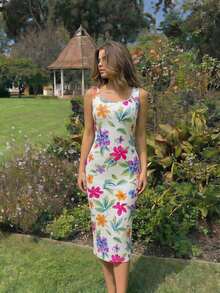 KARISMINA Women's Floral Print Square Neck Sleeveless Fitted Elegant Midi Dress For Vacation - White - View 9