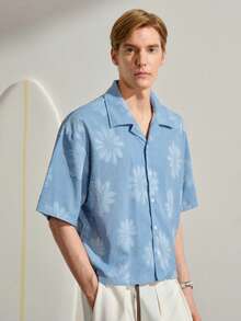 VeloEdit Blue New Spring/Summer Jacquard Floral & White Casual Vacation Party Short Sleeve Shirt Light Graphic Men Vintage Baby Hawaiian Old Money Style GiftFall Winter - Blue - View 6