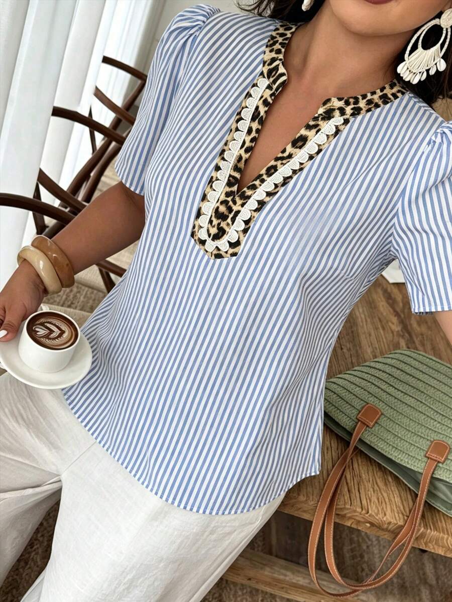 Weeklong Blusa holgada de mujer talla grande para primavera/verano, casual de vacaciones, con estampado de rayas & leopardo, patchwork y mangas gigot - Multicolor - Ver 1