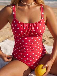 Swim Vcay Plus Size Women 2pcs Random Polka Dot Print Casual Tank Style Swimsuit - Red - View 4