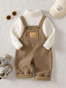SHEIN Playful Pals 男嬰 0-3 歲 春/秋 卡其色字母刺繡裝飾燈芯絨嬰兒連身褲 適合外出、購物、生日派對 - 卡其色 - 查看 2