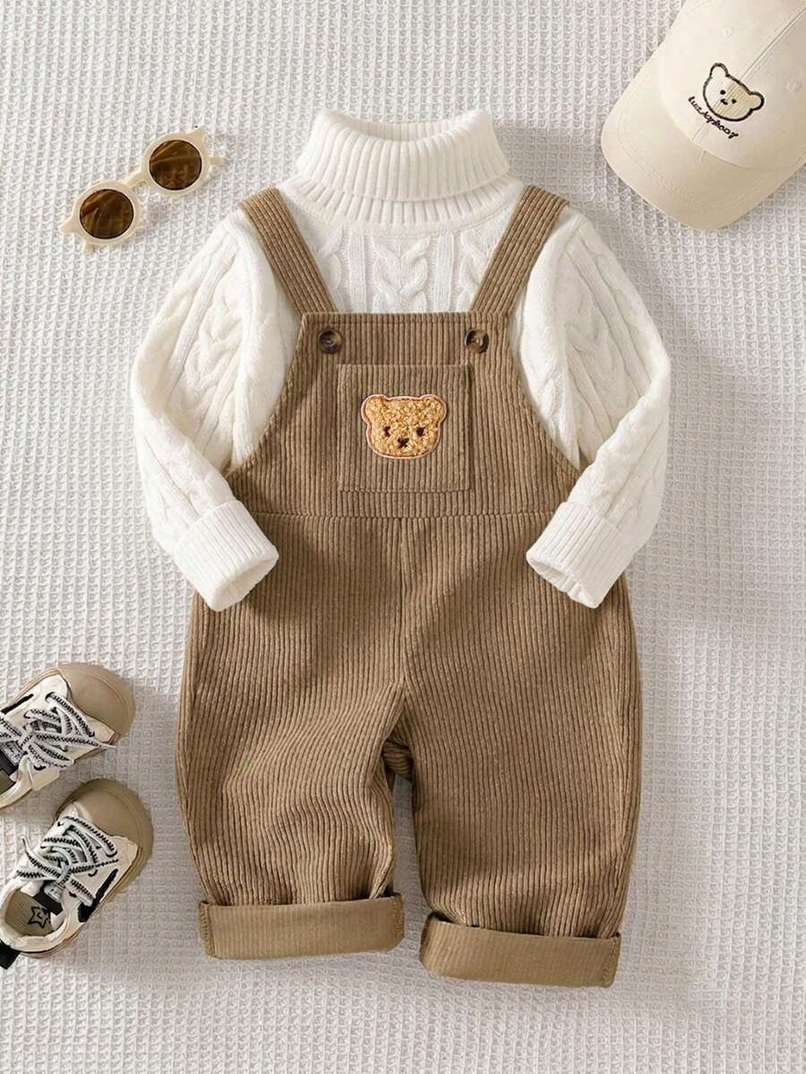 SHEIN Playful Pals 男嬰 0-3 歲 春/秋 卡其色字母刺繡裝飾燈芯絨嬰兒連身褲 適合外出、購物、生日派對