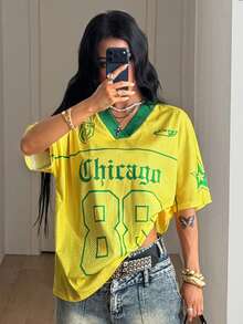 Coolane Women's Summer Y2K Sporty Streetwear Vintage Breathable Mesh Graphics Number Pattern Football Brazil Jersey T-Shirt Back-To-School Green And Yellow - Yellow - View 3