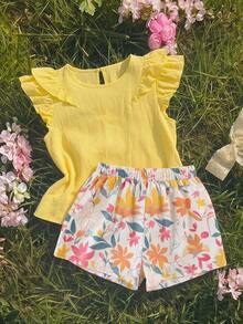 SHEIN Tween Girl Solid Yellow Shirt Blouse Top With Layed Ruffle Sleeve And Flower Print Shorts 2pcs Set Casual Minimalist Comfortable Round Neck - Yellow - View 2