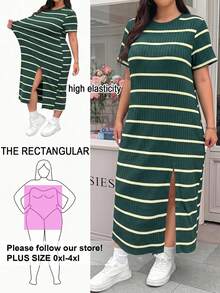 Solflare Dark Green Striped Split Short Sleeve Plus Size Dress - Dark Green - View 1